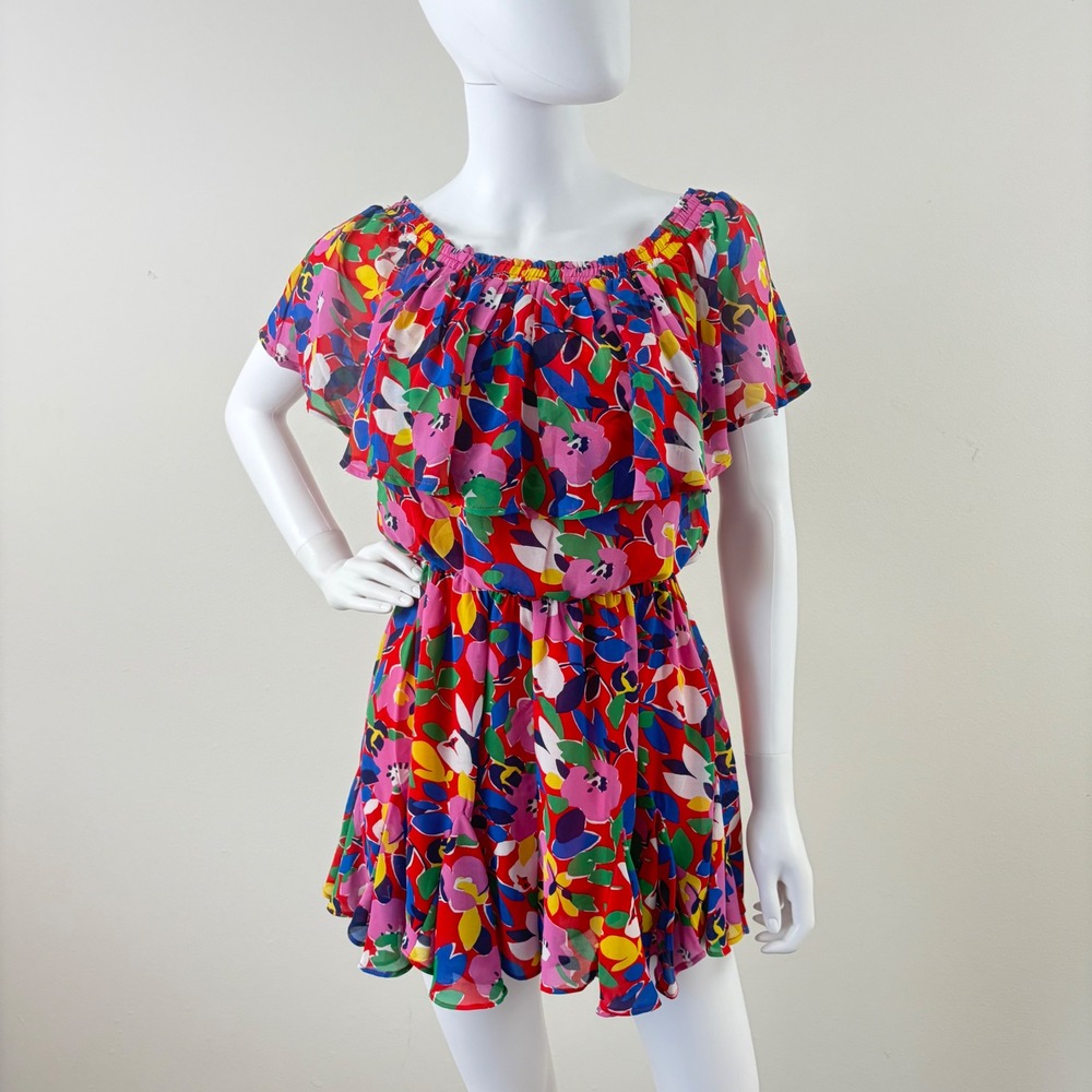 Sugar Lips‎ Floral Mini Romper Multi Color Ruffle Off Shoulder Elastic Waist M